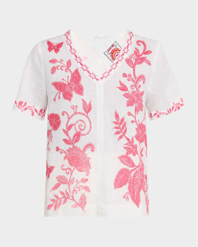 Embroidered Floral-Print Linen Blous